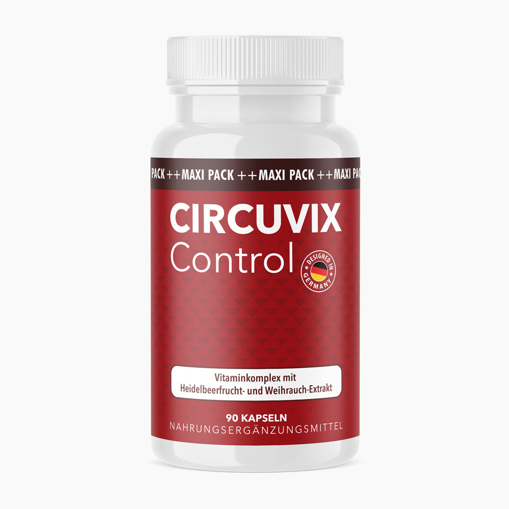 Rote Kunststoffdose mit Schrift Circuvix Control, 90 Kapseln, Maxi-Pack-Streifen und Siegel