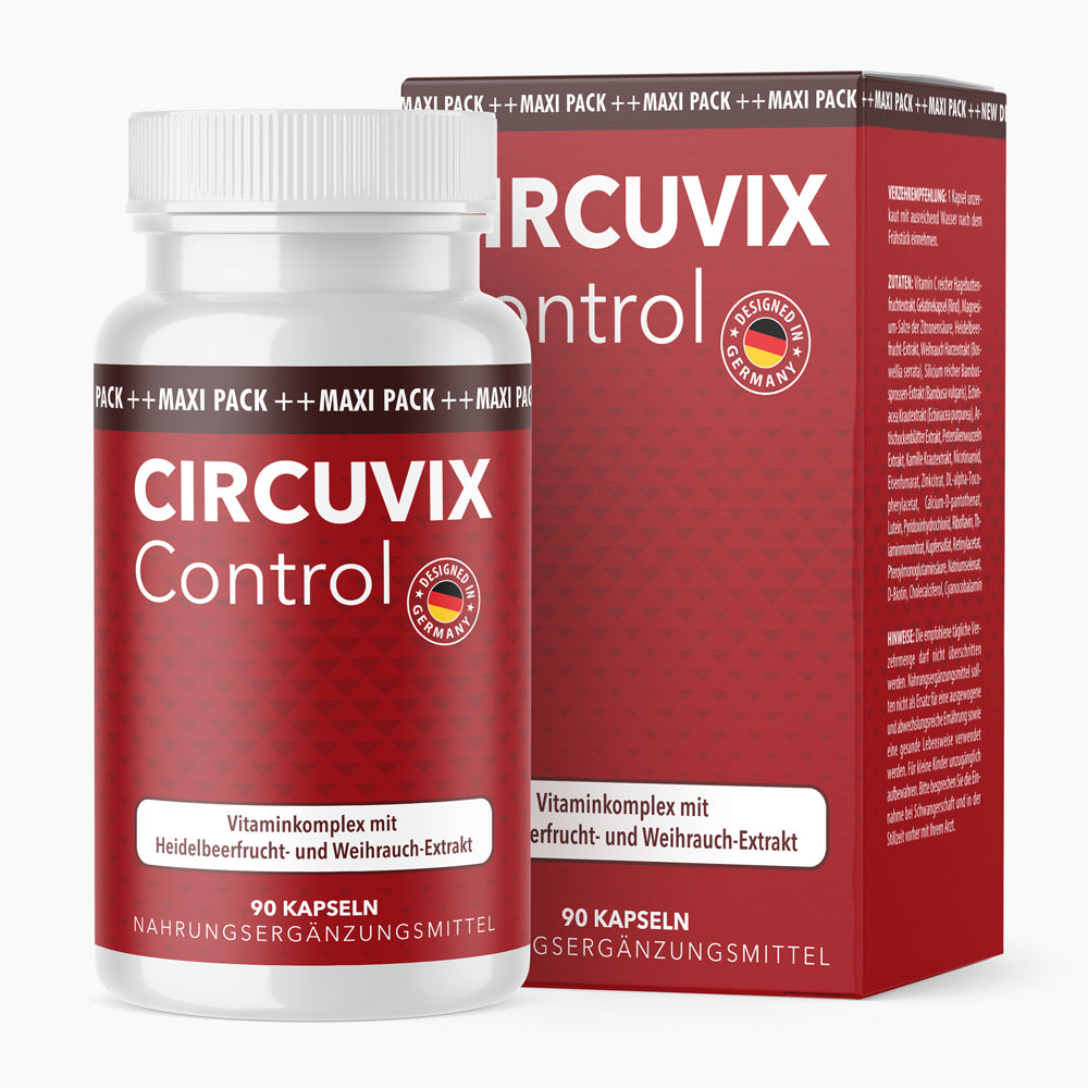 Dose mit rotem Etikett Circuvix Control, 90 Kapseln vor passender Faltschachtel