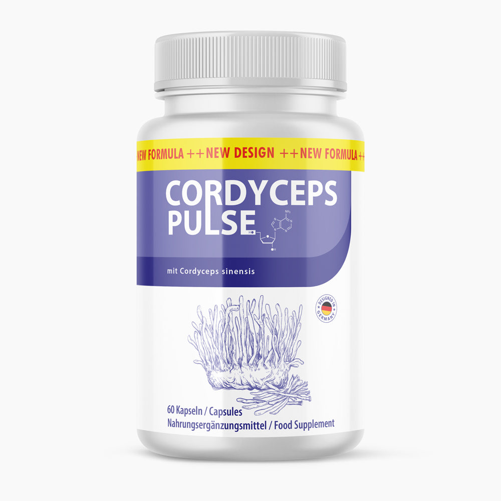 Weiße Produktdose Cordyceps Pulse mit neuem Design und Darstellung des Inhaltsstoffs, 60 Kapseln