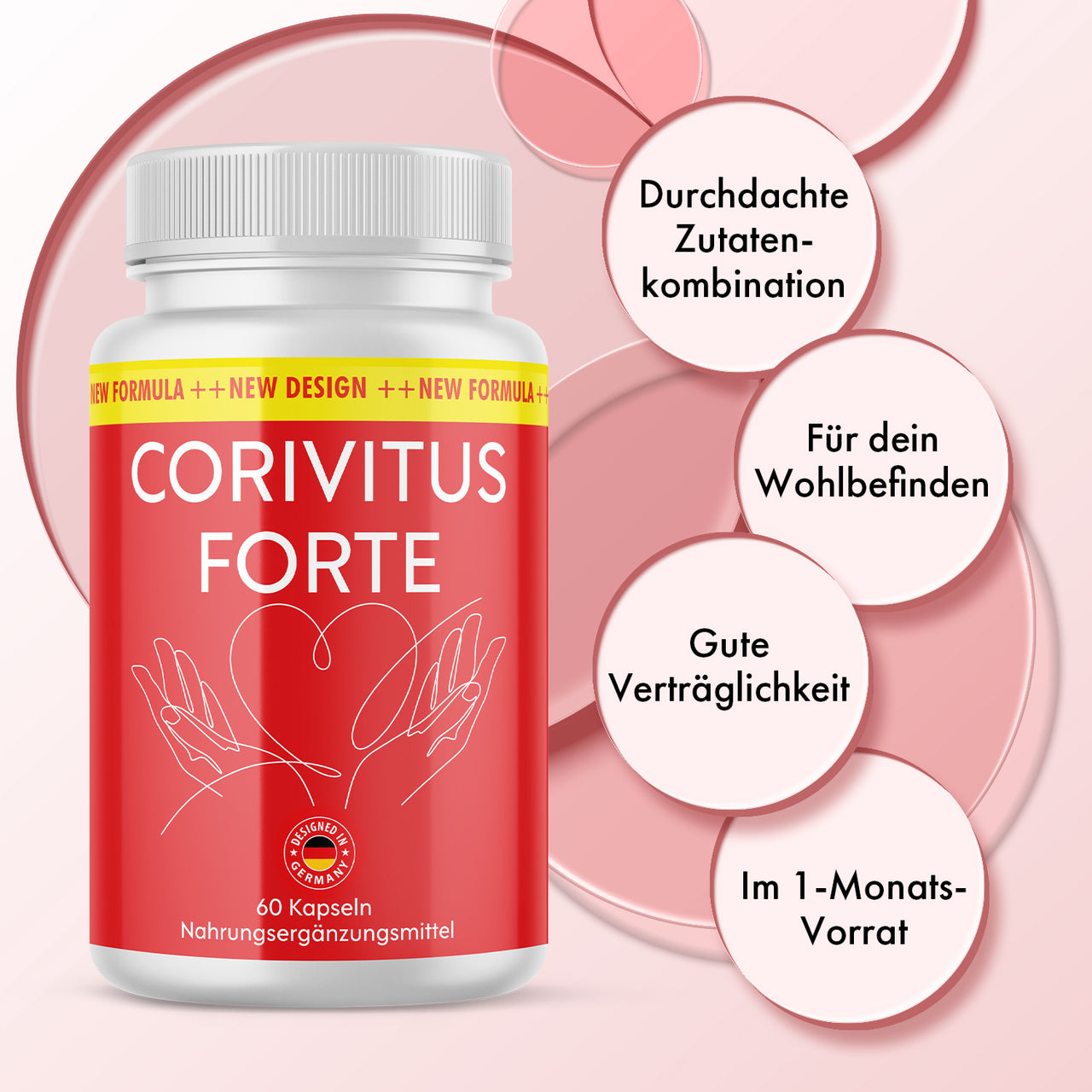 Dose Corivitus Forte mit rotem Etikett, vier Infokreisen und rosa Kreisgrafik im Hintergrund