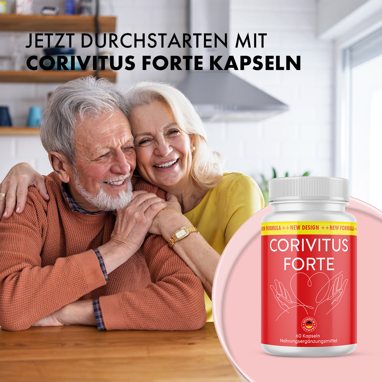 Älteres Paar sitzt lächelnd am Tisch neben Dose Corivitus Forte Kapseln und großem Text oben