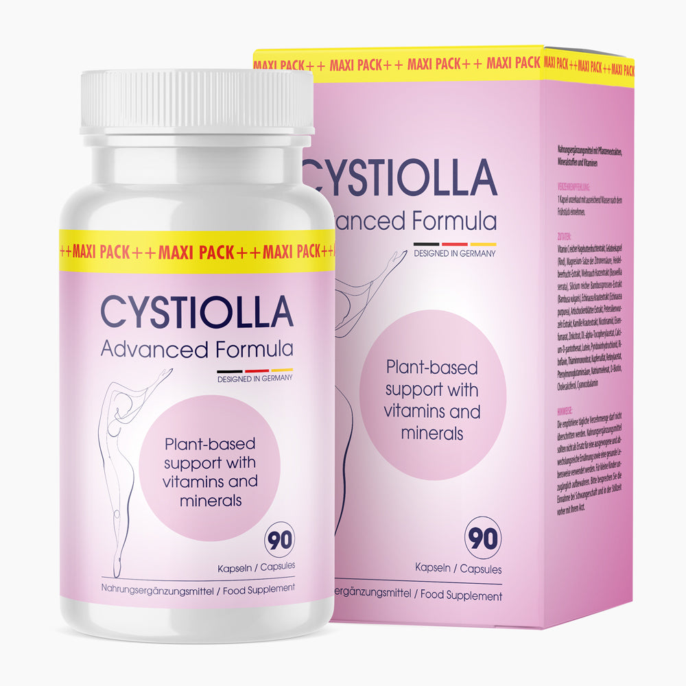Cystiolla Dose mit 90 Kapseln, Nahrungsergänzungsmittel vor rosa Verpackung