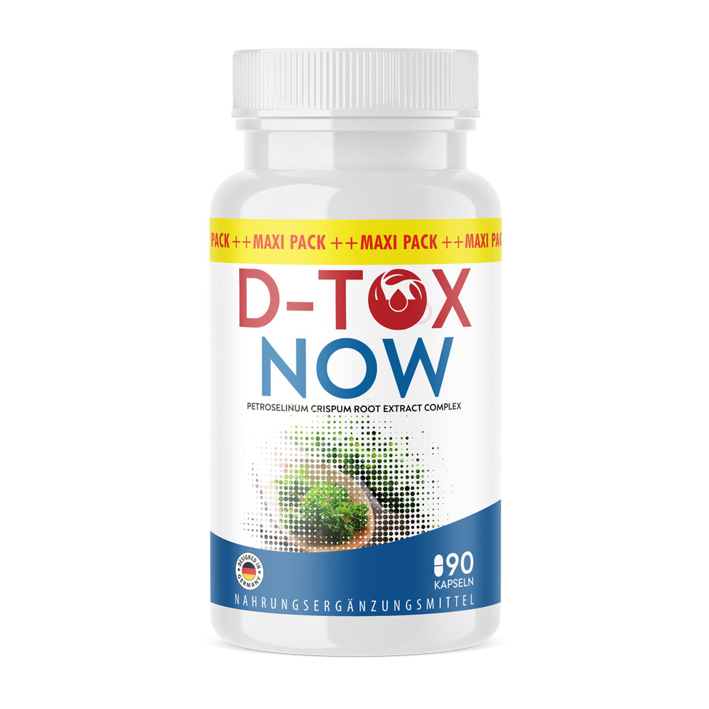 Dose mit blauem und weißem Etikett D-Tox Now 90 Kapseln, unten Aufdruck Abbildung grüne Pflanze