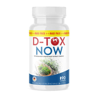 Thumbnail for Dose mit blauem und weißem Etikett D-Tox Now 90 Kapseln, unten Aufdruck Abbildung grüne Pflanze