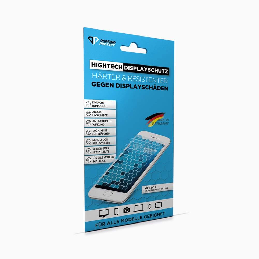 Blaue Verpackung mit Schrift Hightech Displayschutz und Abbildung eines Smartphones mit Wabenmuster