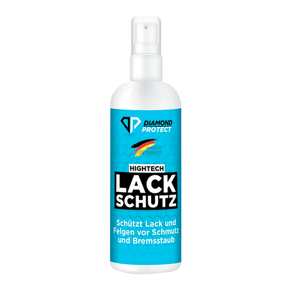 Sprühflasche mit blauem Etikett Diamond Protect Hightech Lackschutz und Schrift schützt Lack und Felgen