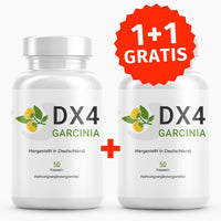 Thumbnail for Produktabbildung von zwei Dosen DX4 GARCINIA mit gelbem Früchtemotiv und 1+1 GRATIS Kennzeichnung