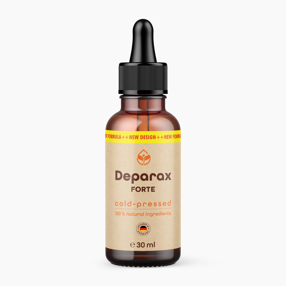 Pipettenflasche Deparax Forte 30 ml mit naturfarbenem Etikett und Schrift cold-pressed