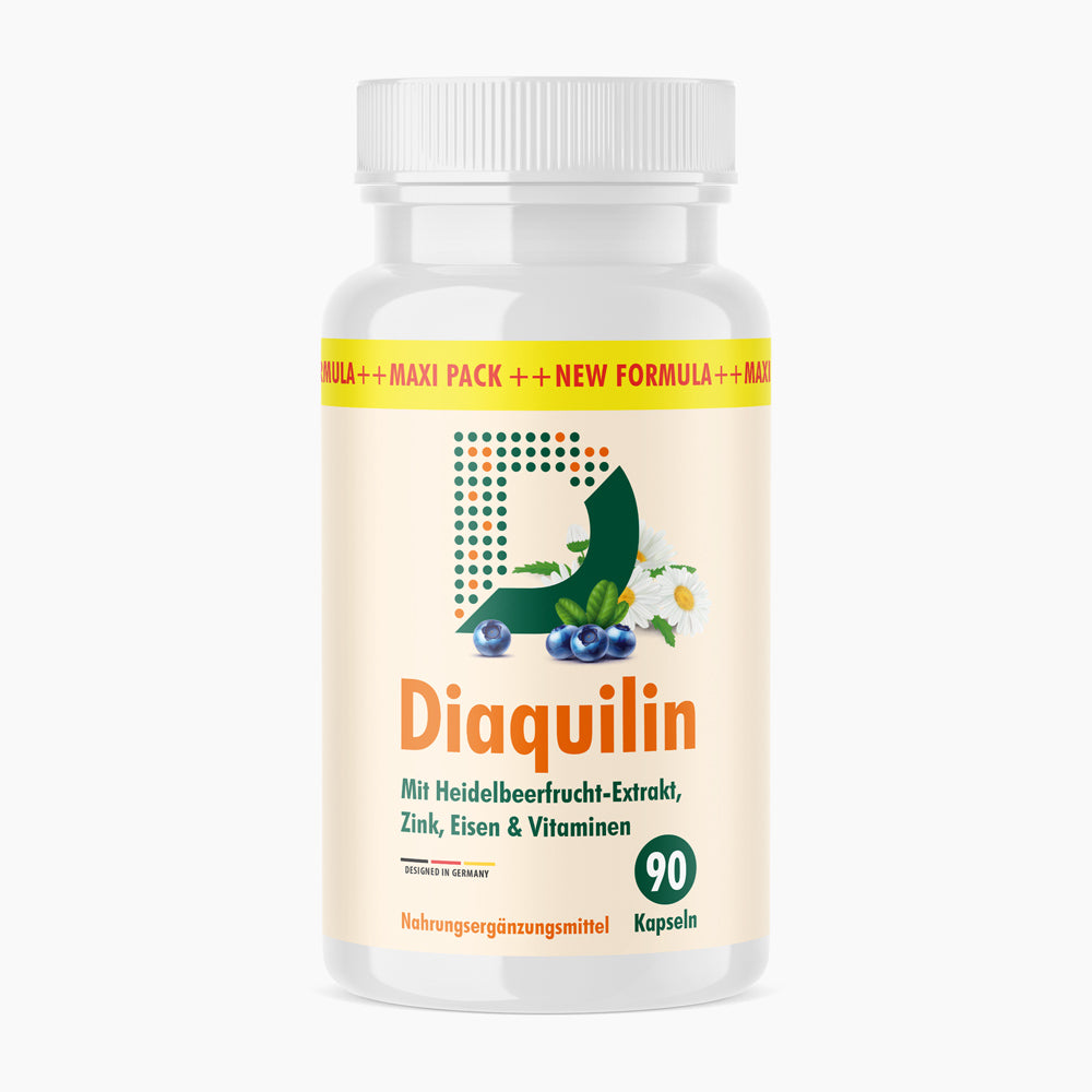 Kunststoffdose Diaquilin mit Schrift Heidelbeerfrucht-Extrakt Zink Eisen Vitamine, 90 Kapseln