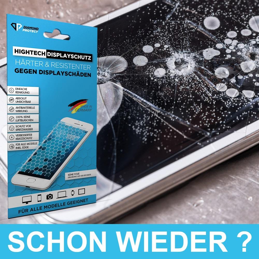  Stark gesplittertes Smartphone-Display mit danebenstehender Verpackung für Hightech Displayschutz