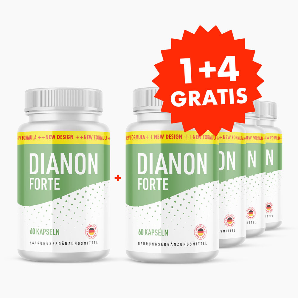 Fünf Dosen Dianon Forte mit je 60 Kapseln, dazu roter Hinweis „1+4 gratis“ auf weißem Grund