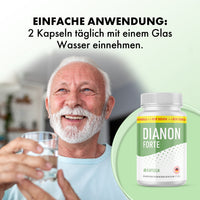 Thumbnail for Dianon Forte Dose mit 60 Kapseln neben älterem Mann mit Wasserglas und Einnahmehinweis oben