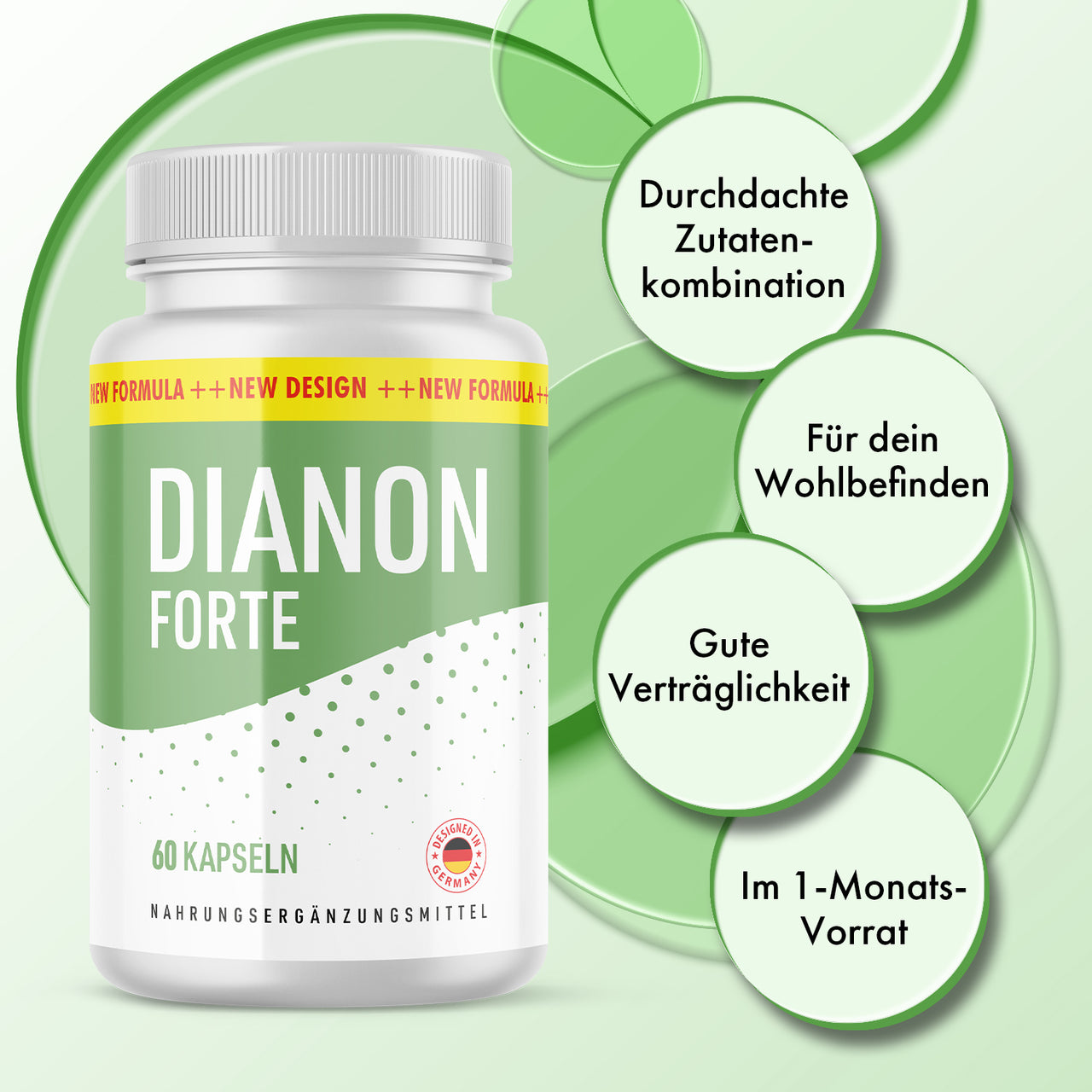 Weiße Dianon Forte Dose mit 60 Kapseln, grünem Etikett und vier runden Infokreisen daneben