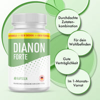Thumbnail for Weiße Dianon Forte Dose mit 60 Kapseln, grünem Etikett und vier runden Infokreisen daneben