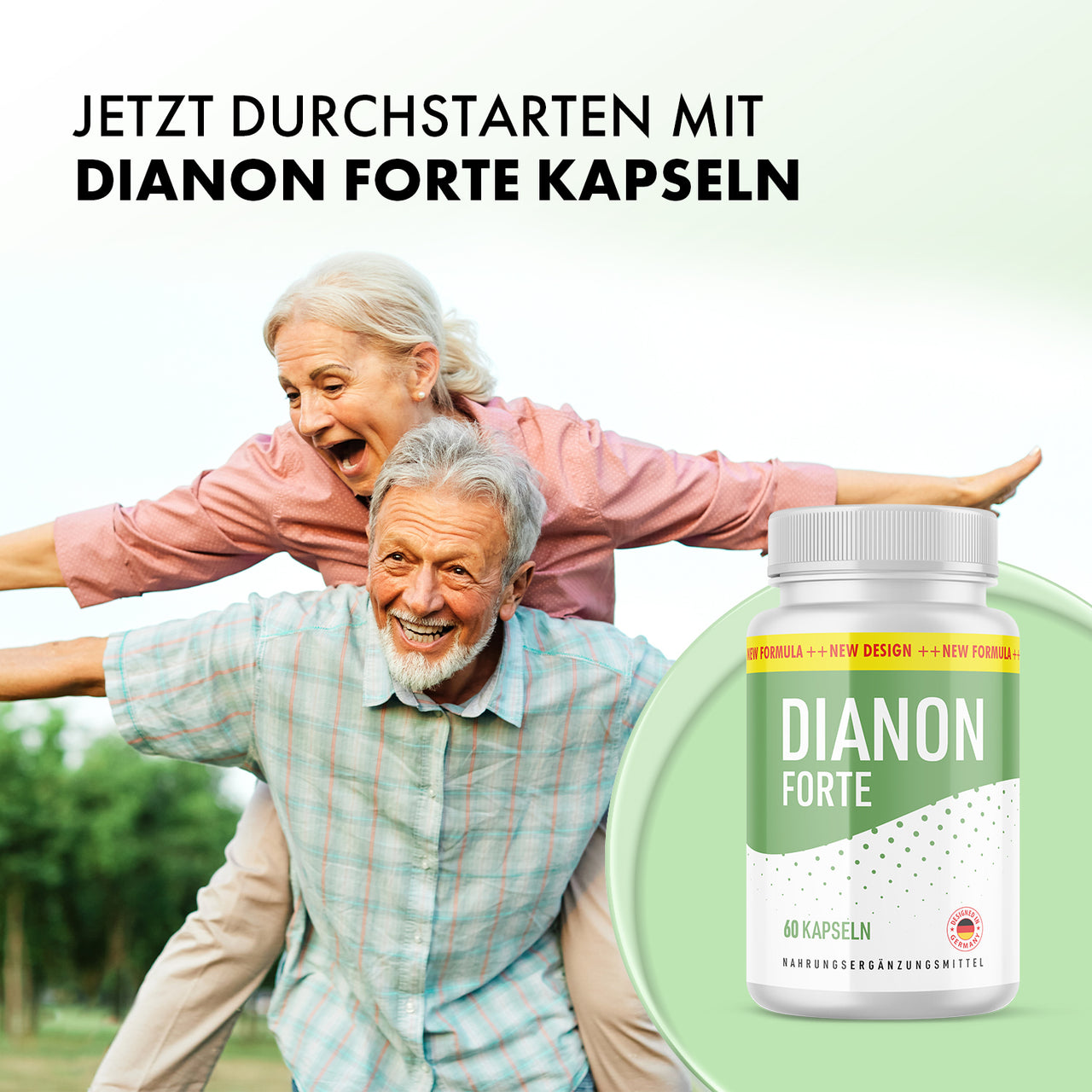 Älteres Paar im Freien mit ausgestreckten Armen neben Dianon Forte Dose mit 60 Kapseln rechts