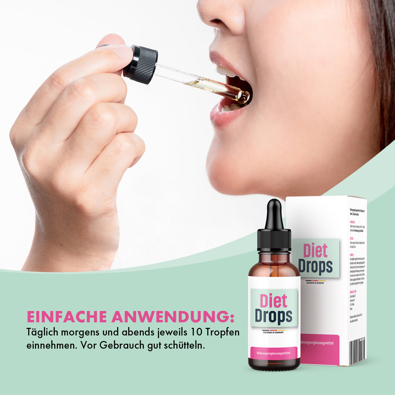 Person mit Pipette am Mund vor Diet Drops Flasche, Faltschachtel und Anwendungstext