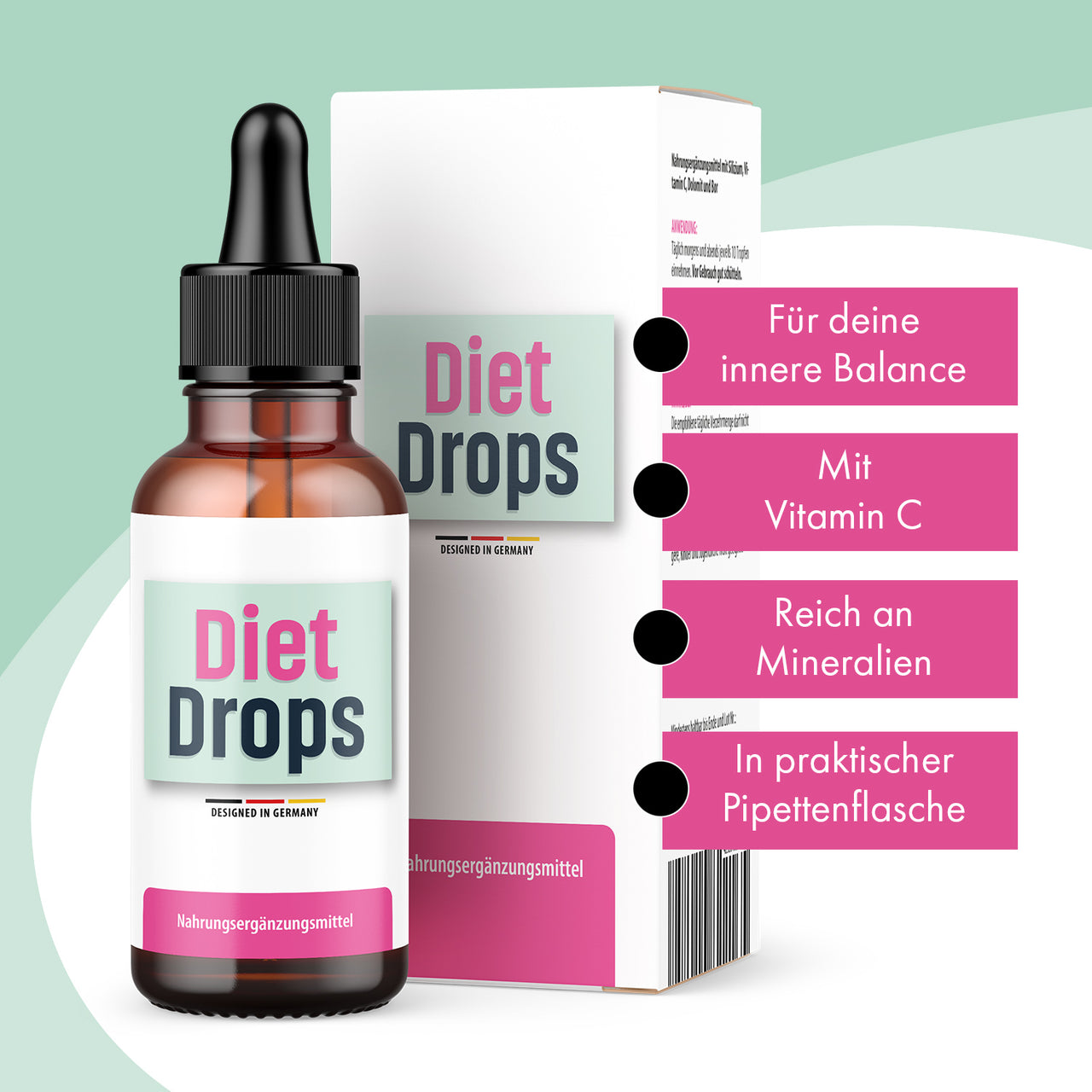 Diet Drops Flasche mit Pipette vor passender Faltschachtel und pinken Textfeldern