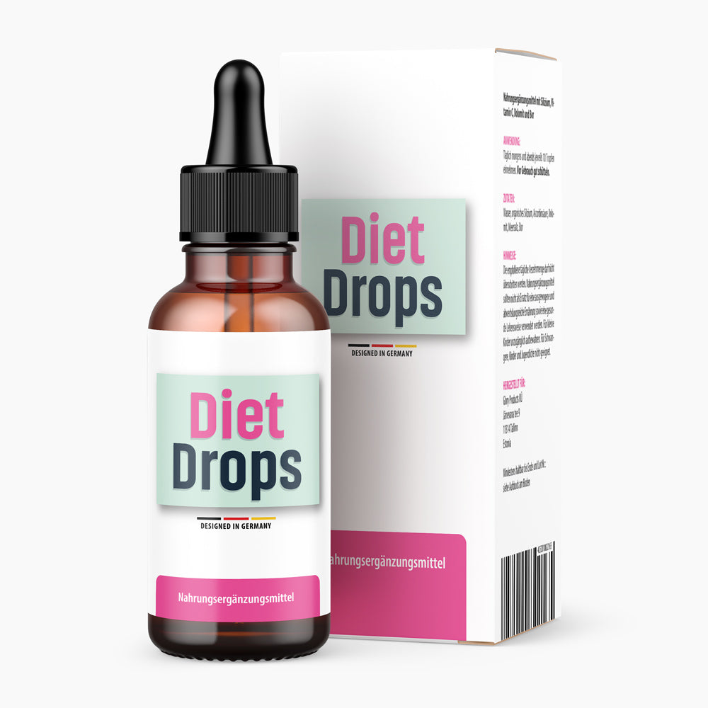 Diet Drops Nahrungsergänzungsmittel als Flasche mit Pipette vor passender Faltschachtel