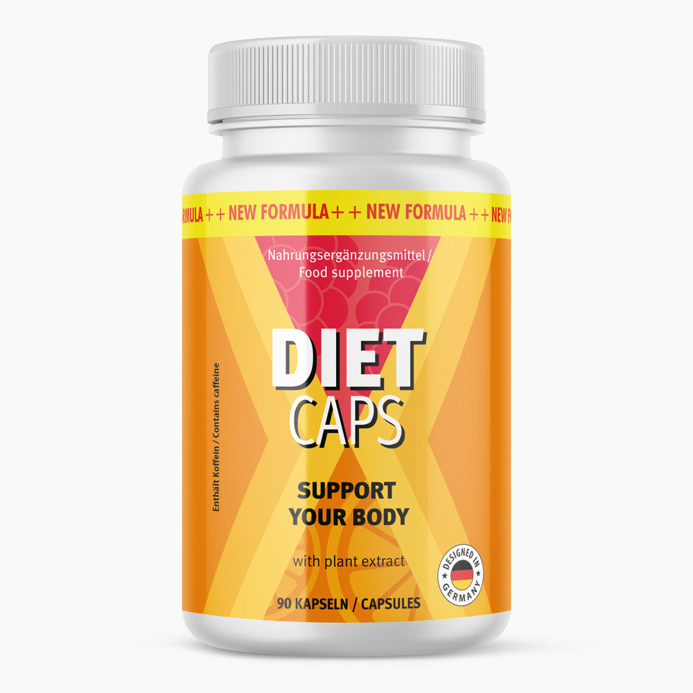 Weiße Kunststoffdose mit orangem Etikett und schwarzer Schrift DIET CAPS SUPPORT YOUR BODY