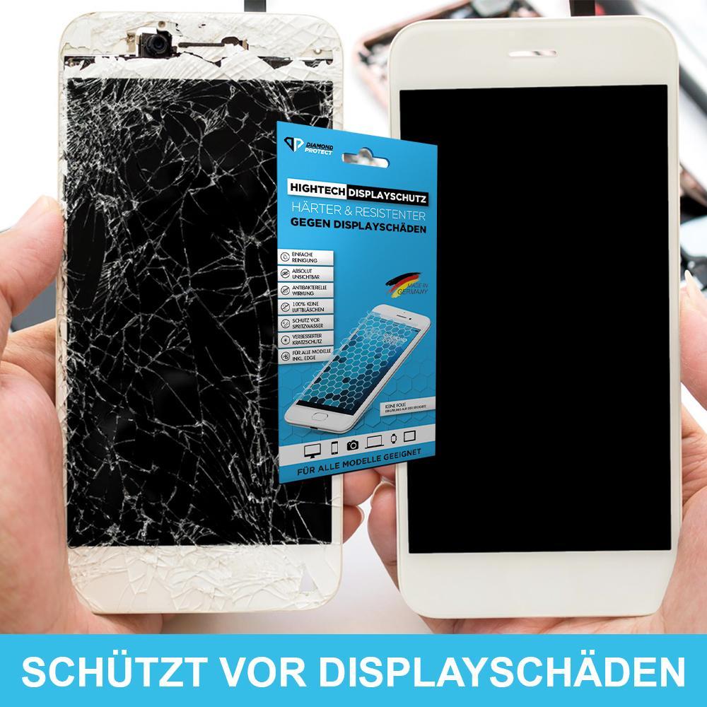  Vergleich von defektem und intaktem Smartphone mit Displayschutz-Verpackung und Schrift schützt vor Displayschäden