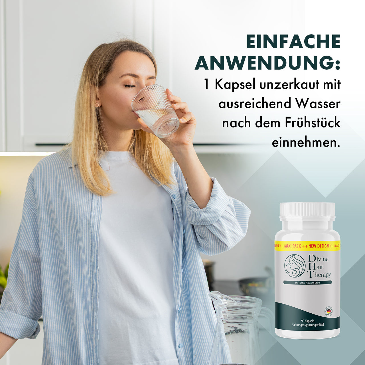 Frau trinkt Wasser aus einem Glas, daneben Anwendungshinweis und Divine Hair Therapy Dose mit Text
