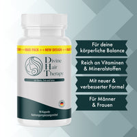 Thumbnail for Divine Hair Therapy Dose mit 90 Kapseln, gelbem Maxi-Pack-Band und Vorteilshinweisen im Bild