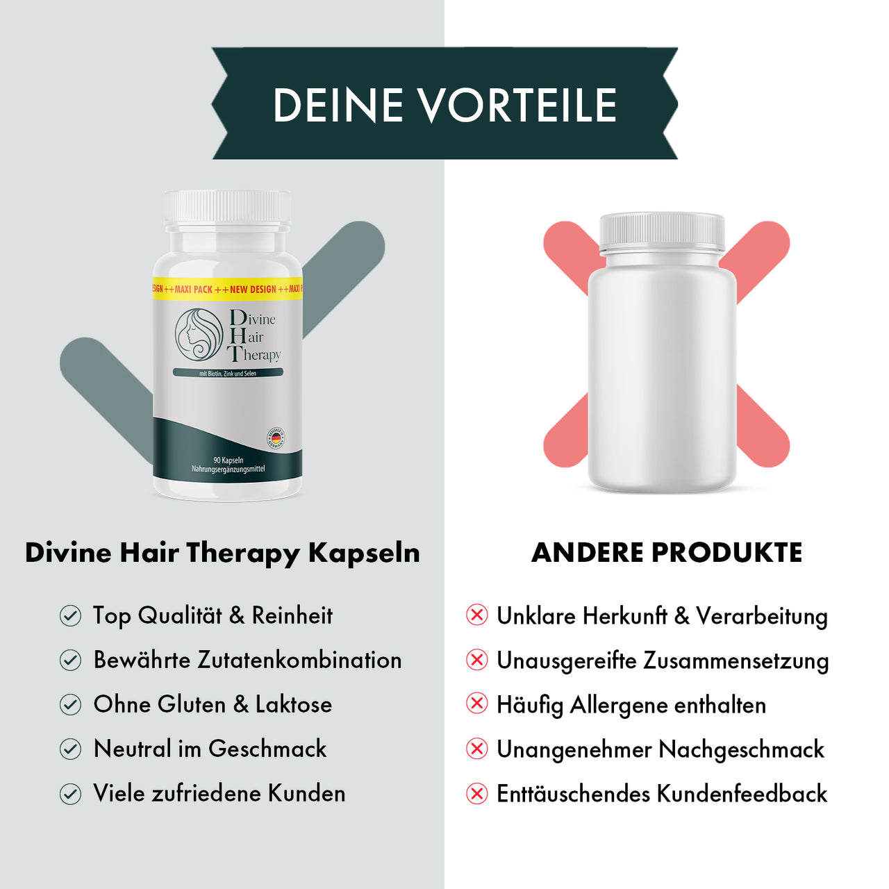 Grafik zeigt Divine Hair Therapy Kapseln neben anderer Dose mit Bewertungslisten und Symbolen