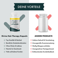 Thumbnail for Grafik zeigt Divine Hair Therapy Kapseln neben anderer Dose mit Bewertungslisten und Symbolen