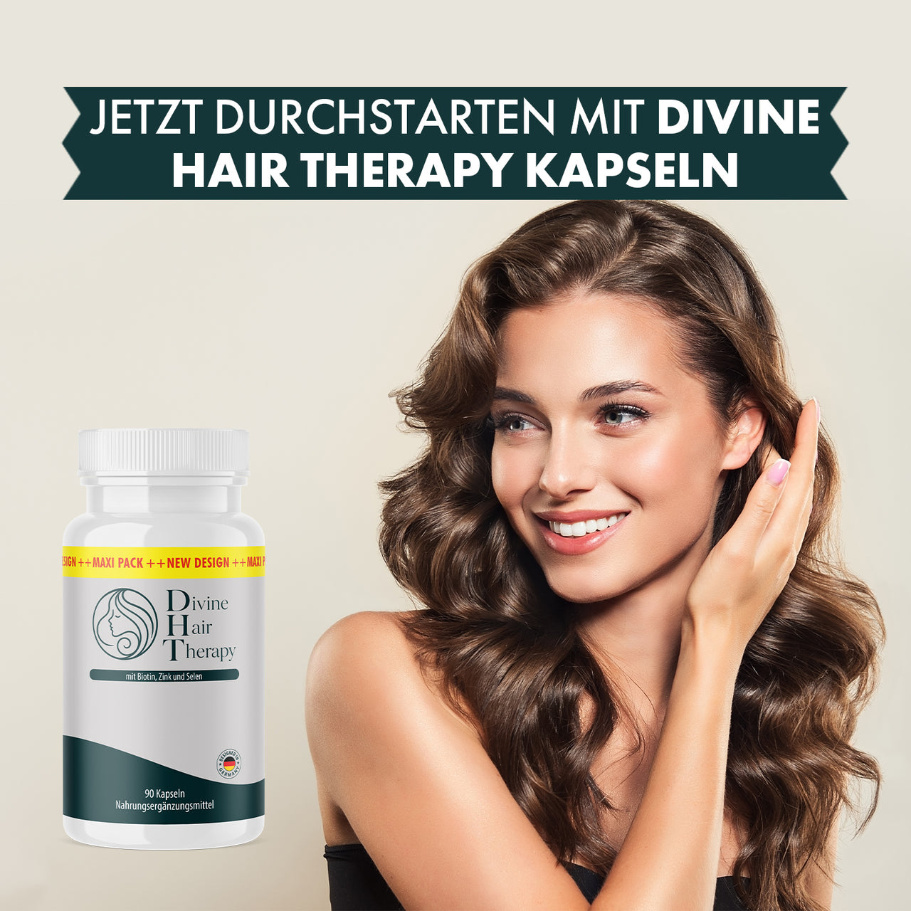 Lächelnde Frau berührt ihr Haar, daneben Divine Hair Therapy Dose mit 90 Kapseln und Textbanner