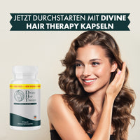 Thumbnail for Lächelnde Frau berührt ihr Haar, daneben Divine Hair Therapy Dose mit 90 Kapseln und Textbanner