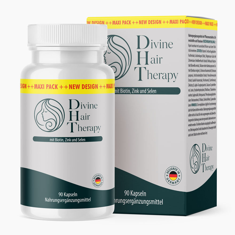 Dose und Verpackung Divine Hair Therapy mit Biotin, Zink und Selen, 90 Kapseln, weißes Design