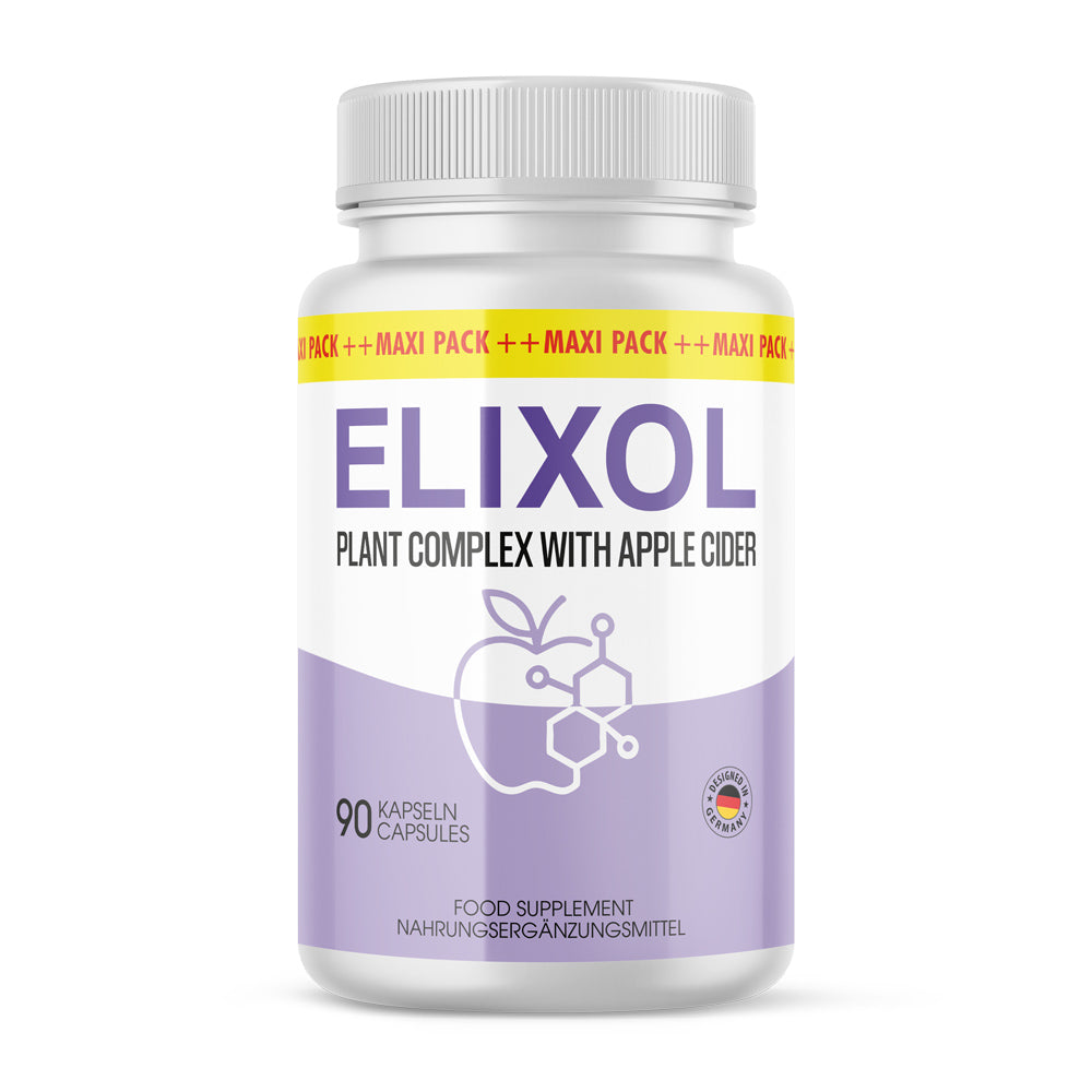 Dose mit Schrift ELIXOL Plant Complex with Apple Cider und 90 Kapseln auf lila-weißem Etikett