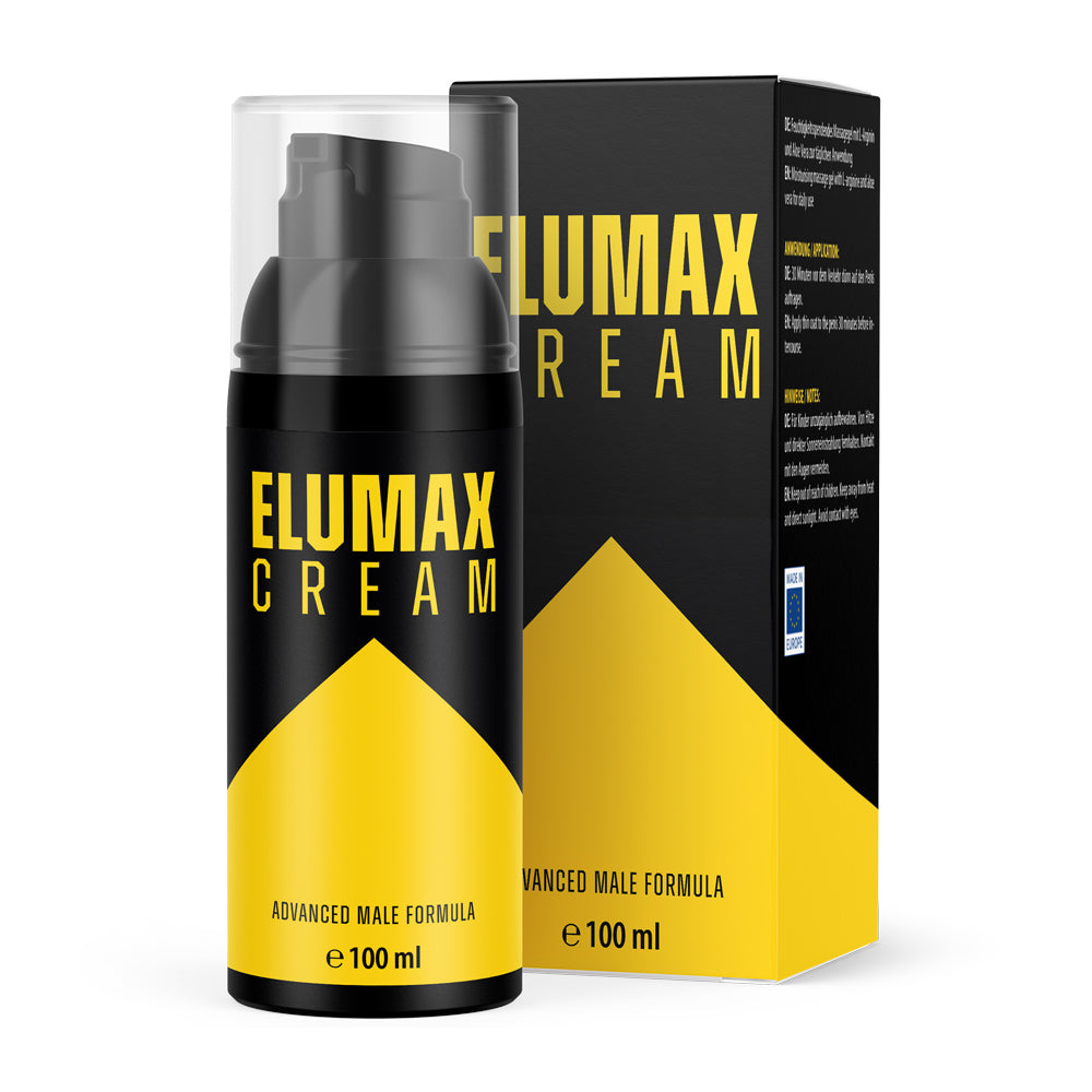Schwarze Pumpflasche ELUMAX CREAM mit gelbem Etikett und Aufschrift Advanced Male Formula