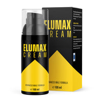 Thumbnail for Schwarze Pumpflasche ELUMAX CREAM mit gelbem Etikett und Aufschrift Advanced Male Formula