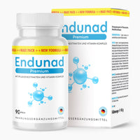 Thumbnail for Weiße Kunststoffdose mit blauem Etikett Endunad Premium mit Pflanzenextrakten und Vitamin-Komplex, 90 Kapseln vor passender Faltschachtel