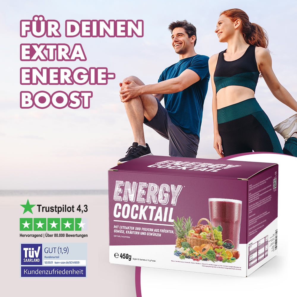 Sportliches Paar neben Energy Cocktail Produktverpackung mit Trustpilot und TÜV Bewertung