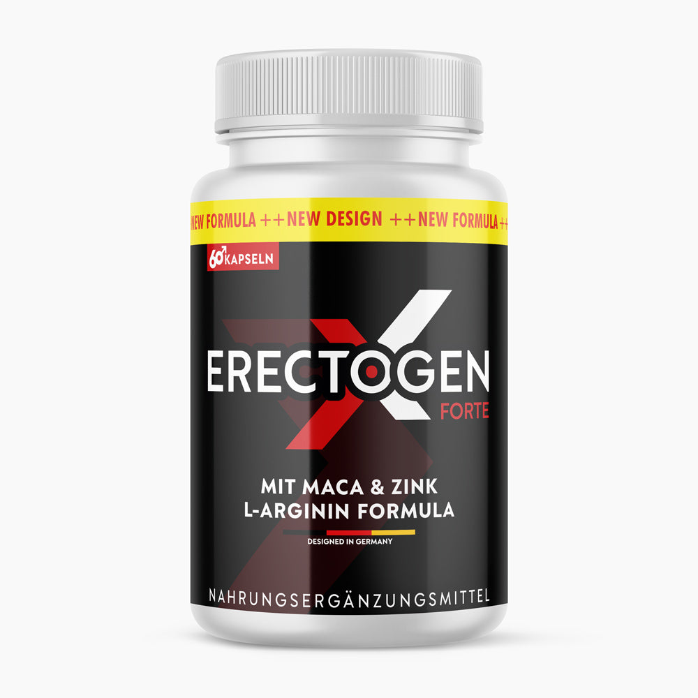 Black tin containing ErectogenX Forte and information on maca, zinc and L-arginine, 60 capsules