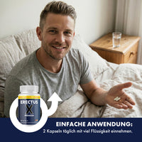 Thumbnail for Mann sitzt im Bett mit Kapseln in der Hand neben Erectus X Premium Dose
