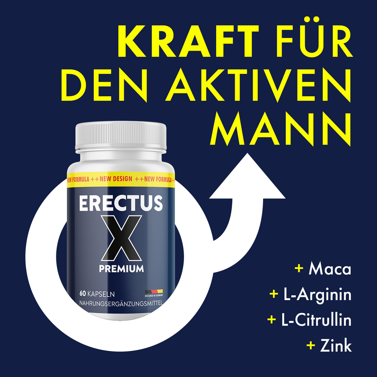 Erectus X Premium Dose mit 60 Kapseln vor Symbol für Mann und Text Kraft für den aktiven Mann