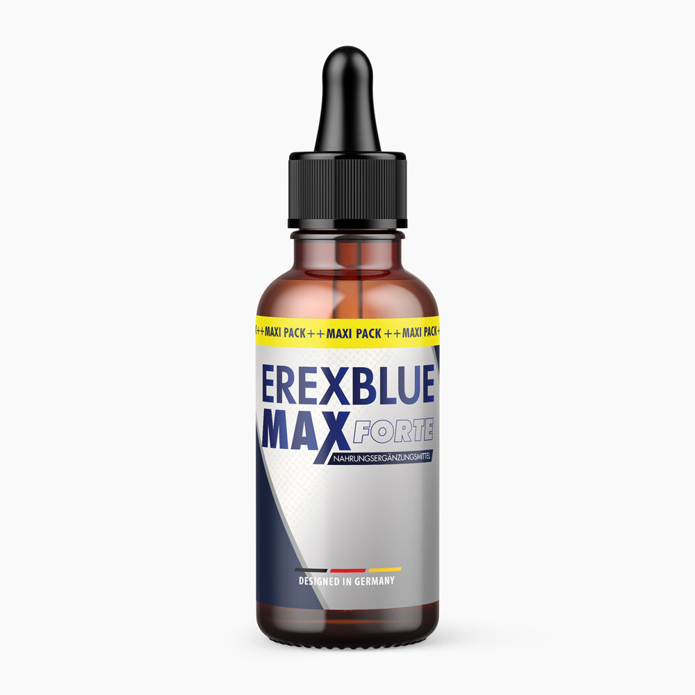 Braune Flasche mit schwarzer Pipette und Etikett Erexblue Max Forte mit silber-blauem Farbverlauf