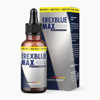 Thumbnail for Braune Flasche mit Pipette und Etikett Erexblue Max Forte vor passender silber-blauer Faltschachtel