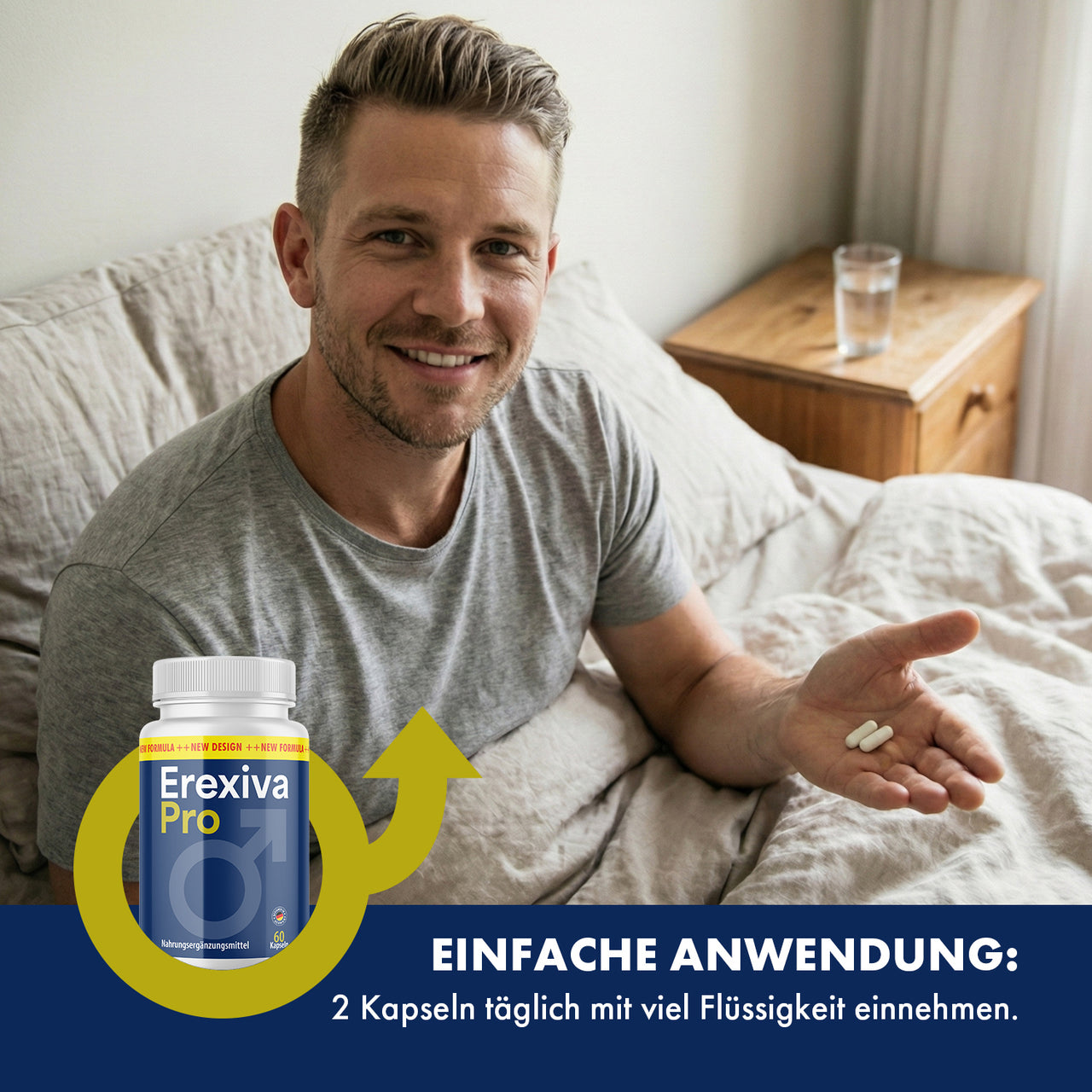 Lächelnder Mann im Bett hält Kapseln, Erexiva Pro Dose und Einnahmehinweis im Bild eingeblendet