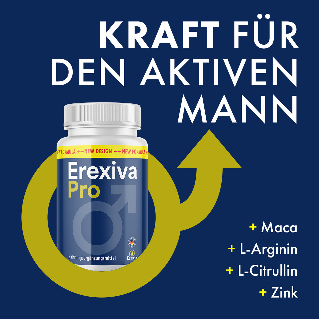 Erexiva Pro mit blauer Kapseldose, gelbem Männer-Symbol und Text Kraft für den aktiven Mann