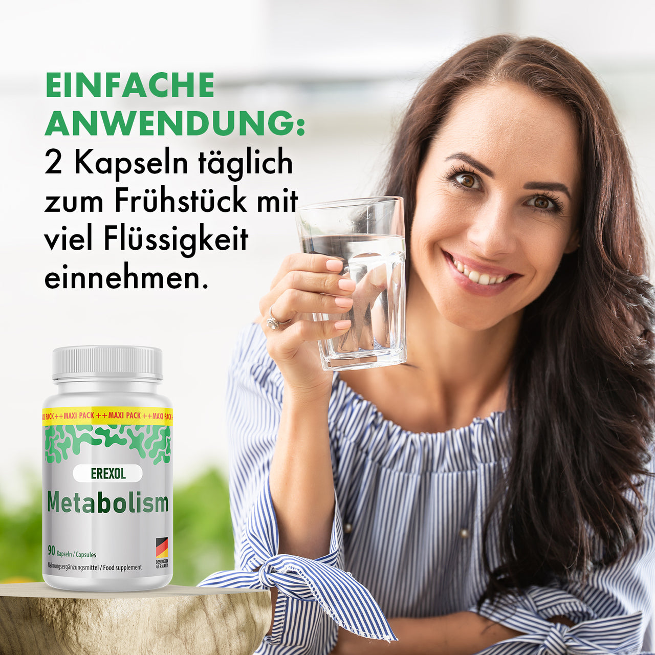 Frau mit Wasserglas neben EREXOL Metabolism und Text zur täglichen Anwendung