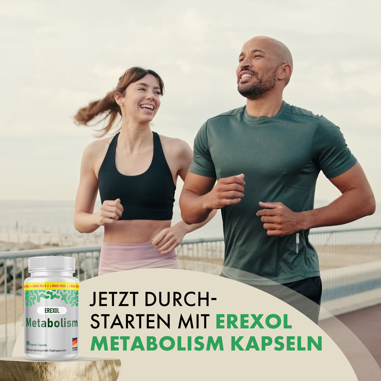 Zwei joggende Personen, EREXOL Metabolism und Text „Jetzt durchstarten mit EREXOL“