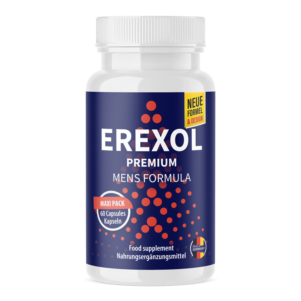 White plastic container with dark blue label Erexol Premium with 60 capsules and graphically displayed dot pattern