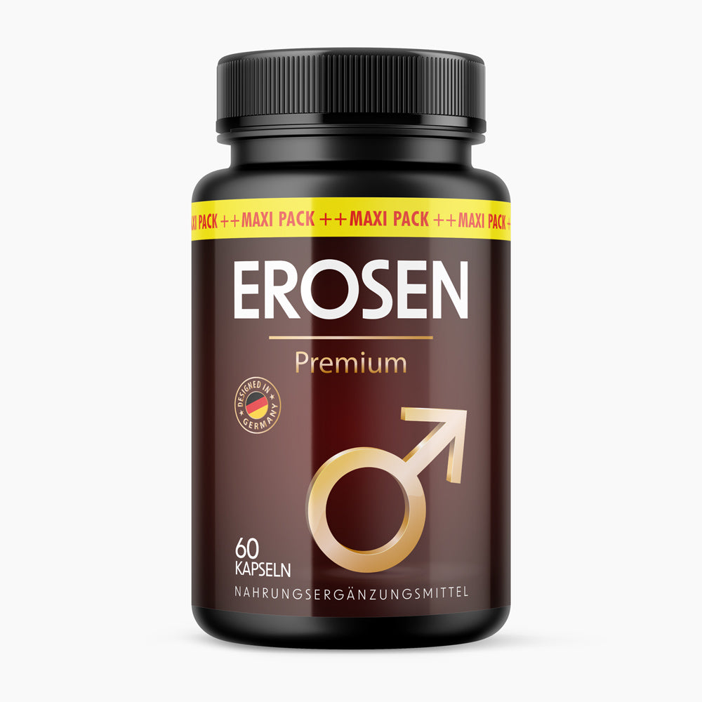 Dose mit gelber Aufschrift Erosen Premium auf braunem Etikett mit 60 Kapseln und Pfeilsymbol