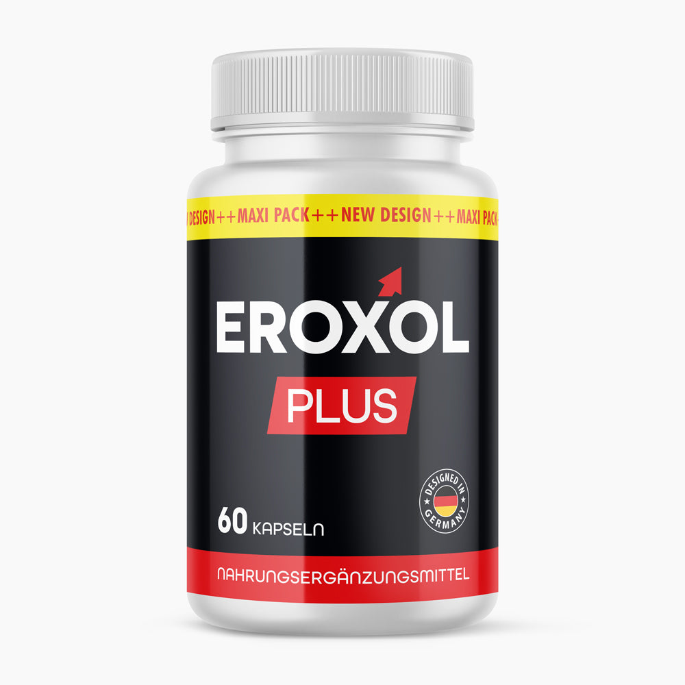 Eroxol Plus Dose mit rotem Etikettstreifen unten, schwarzem Design und Schrift 60 Kapseln