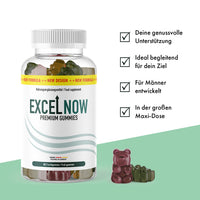 Thumbnail for Excel Now Premium Gummies Dose mit sichtbaren Fruchtgummis, Infopunkten und Kästchen-Symbolen