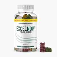 Thumbnail for Excel Now Premium Gummies in transparenter Dose, daneben rote und grüne Fruchtgummis sichtbar